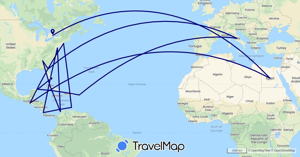 TravelMap itinerary: driving in Canada, Colombia, Costa Rica, Cuba, Egypt, Guatemala, Italy, Mexico, Netherlands, United States (Africa, Europe, North America, South America)